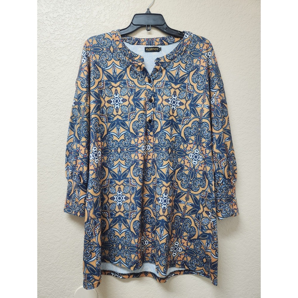 REBORN J Women's Mandala Boho Tunic Dress Size L Blue Yellow Button Front 3/4 Sl
